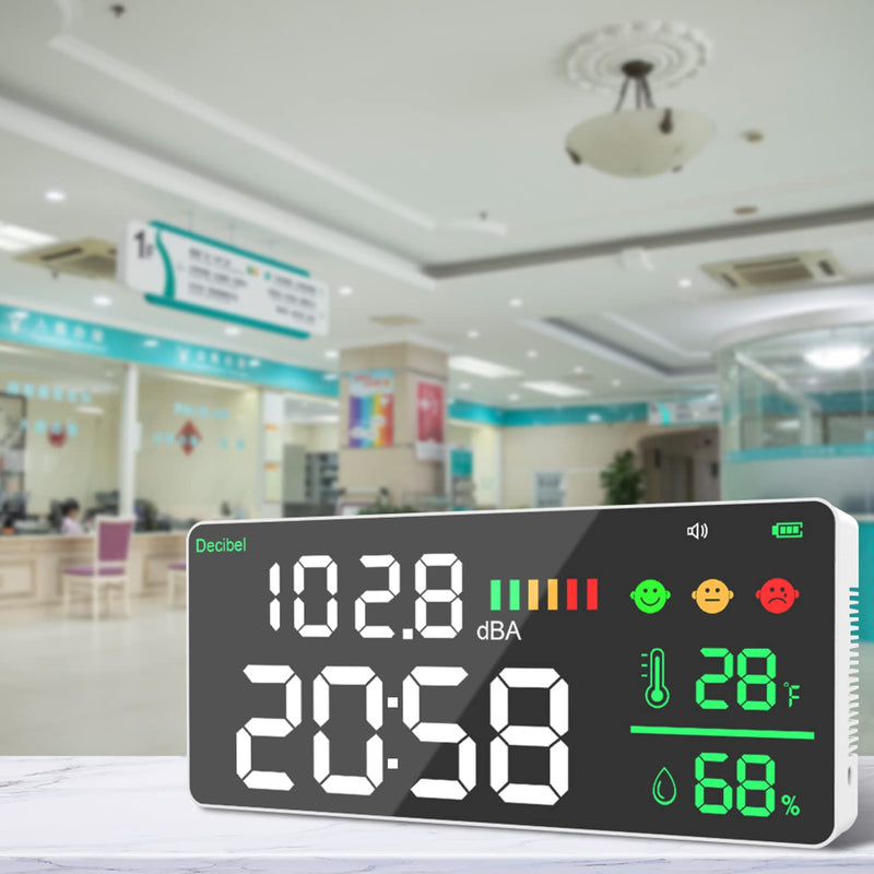 Decibel Meter Wall Hanging Sound Level Meter, 11in Large LED Display +Time + Humidity + Temperature; 4 in 1 Decibel Meter 30-130dB Rang DB Meter & SPL Meter Wide Applications for Home T4-DM165A-F