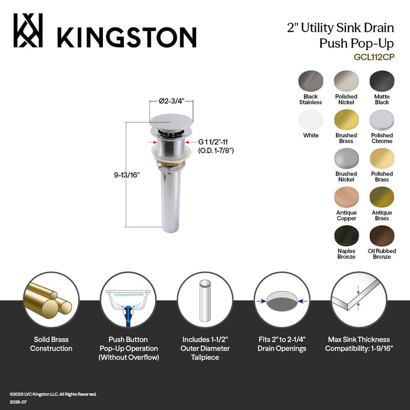 Kingston GCL112BB Drain for Cast Iron Utility Sink, Brushed Brass