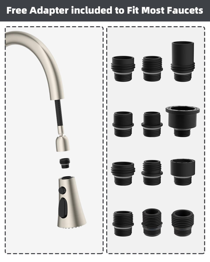 Hibbent Pull Down Kitchen Faucet Head Replacement, 3-Function Kitchen Faucet Head Sink Spray Nozzle with 12 Adapters Compatible with Moen, American Standard, Delta, Kohler Faucets, Brushed Nickel High-quality Plastic with 12 Adapters