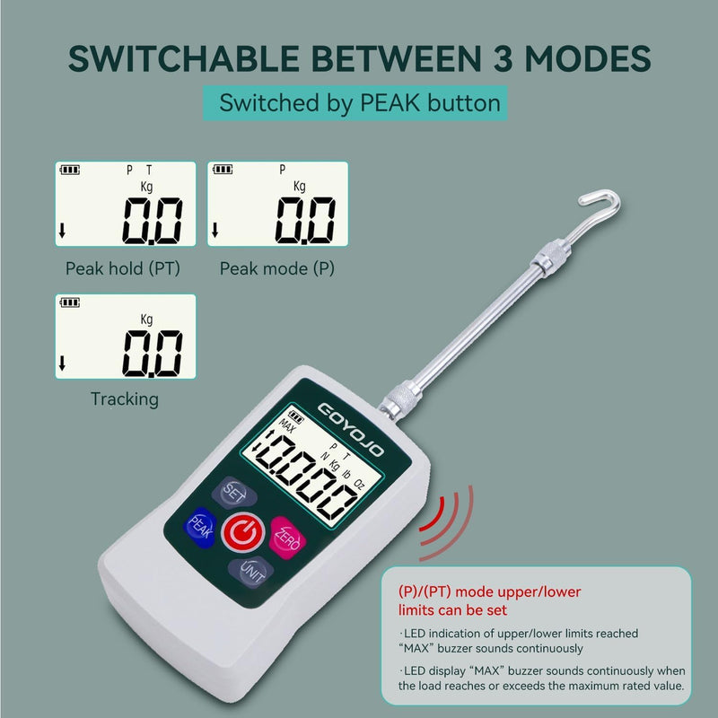 GOYOJO Digital Force Gauge High-Precision Push-Pull Meter for Tension & Compression Testing Units (N, kg, lb, oz) Real-Time/Peak/First Peak Modes Ideal for Quality Control & Material Testing (300N) 67lb/300N