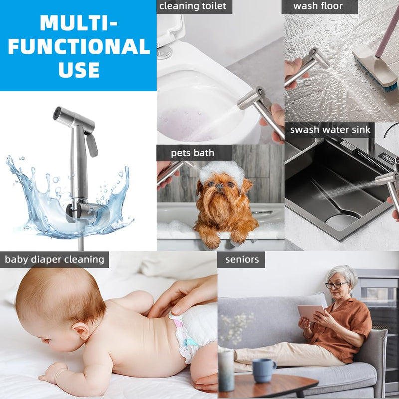 Handheld Bidet Sprayer for Toilet Kit,Stainless Steel Muslim Shower Toilet Bidet Faucets Attachment Set with T-Valve,Adjustable Water Pressure,Toilet Hose Sprayer,Cloth Diaper Spraye for Baby Wash Silver set