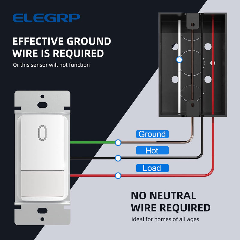 ELEGRP Single Pole Occupancy Motion Sensor Light Switch, PIR Infrared Motion Activated Switch, Need Grounding Wire, No Neutral Wire, for CFL/LED/Incandescent, with Plate, UL(2 Pack, Matte White) 2 Pack