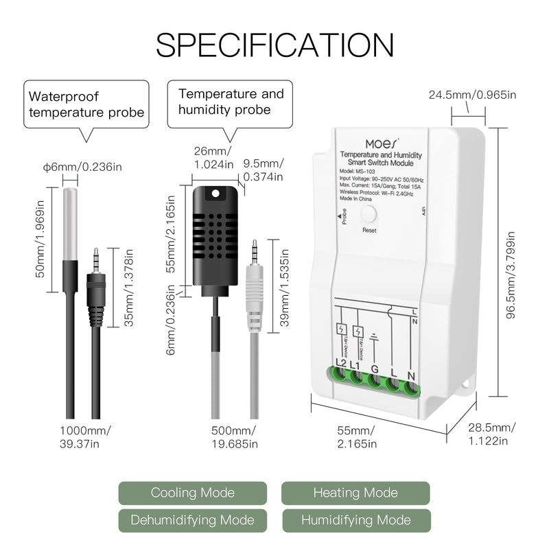 MOES WiFi Smart Temperature Switch Module Sensor with Waterproof Probe, Dual Relay Output Controller, Smart Life Tuya App Remote Control, Programmable Thermostats Kit Works with Alexa Google Assistant Switch Module + Waterproof Temperature Probe