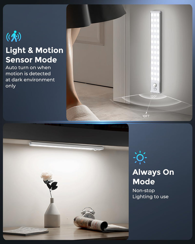 Under Cabinet Lighting - 10.5" Motion Sensor Light Indoor, Magnetic Wireless Closet Lights, Dimmable Led Night Light, Rechargeable Under Counter Lights for Kitchen, Bedroom, Stair, 2 Pack White Light-2 Pack 10.5 inch