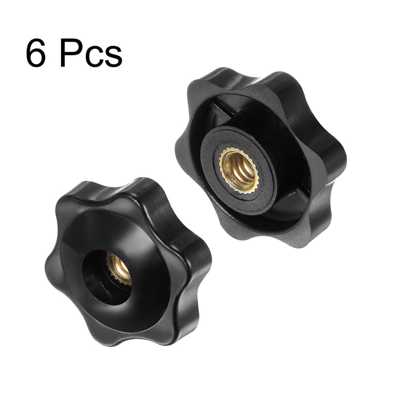 HARFINGTON 6pcs Star Knobs 1/4-20 Female Thread 1.26" (32mm) 6-Point Plastic Head Brass Insert Through Hole Screw-in Threaded Hand Knob Clamping Handle, Black 1/4-20 x 1.26"