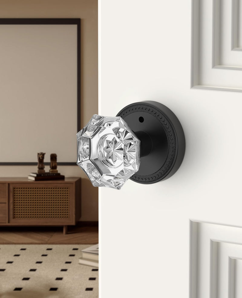 Asidrama 1 Pack Privacy Black Crystal Door Knob with Lock, Matte Black Glass Door Knobs Interior for Bedroom or Bathroom, Heavy Duty for Left Right Sided Doors 1pack