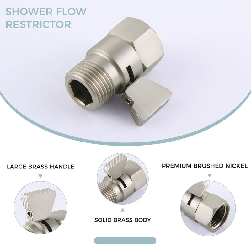 Shower Head Shut off Valve, Brass Water Flow Restrictor with Lever Handle, Brushed Nickel