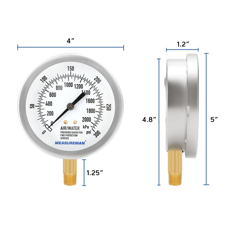 MEASUREMAN 3.5" Fire System Pressure Gauge Kit，0-300 PSI Dual Scale，1/4 NPT Lower Mount，Complete with 304 SS Pipe, 3-Way Valve and NPT Fittings，3%−2%−3% Accuracy 0-300psi&3-Way Valve&Pipe Fittings