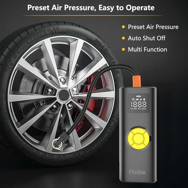 Air Compressor Portable Tire Inflator, 9000mAh Electric Air Pump, 150PSI Bike Pump Cordless Fast Inflate with Pressure Gauge & LED Light & LCD Display for Cars, Bikes, Balls, Motorcycles,Yellow Yellow