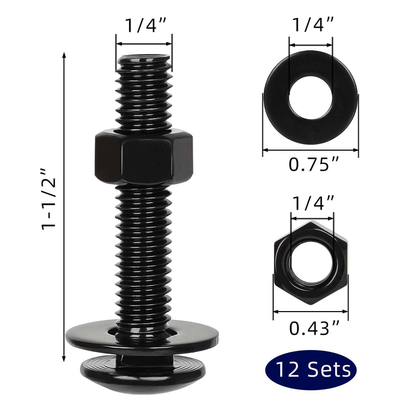 1/4-20 x 1-1/2" Carriage Bolt Kit, Stainless Steel 304 Carriage Bolts Screws with Hex Nuts & Flat Washers, Round Head Square Neck, Full Thread, Black Finish, 12 Sets 1/4-20 x 1-1/2"