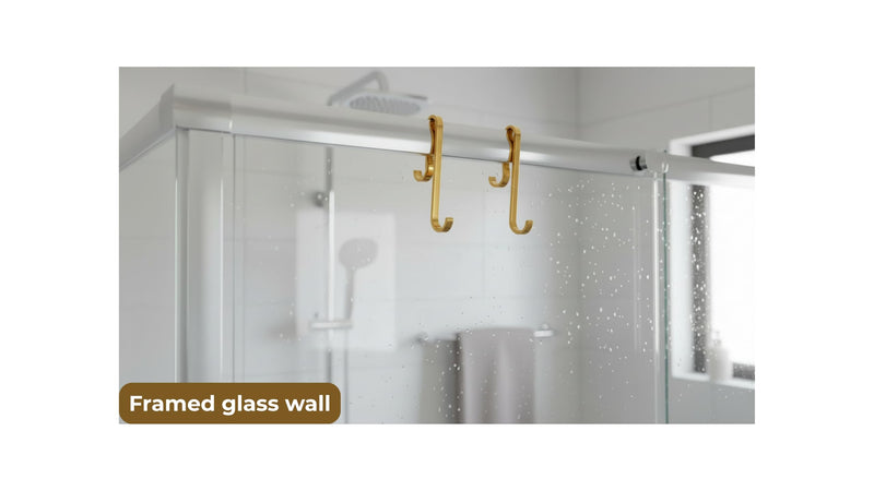 Universal Shower Hooks for Glass (6–10mm) - Extended 6” Hanging Hooks for Frameless Shower Doors, Frameless & Framed Shower Walls - Double Sided Hooks for Towels, Robes and Bathroom Accessories (Gold) Gold