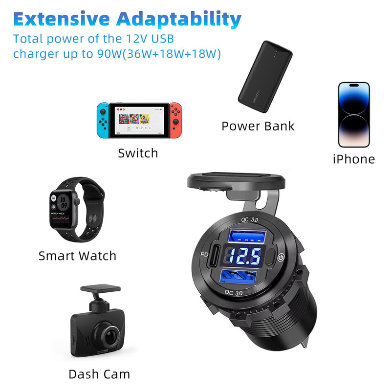 12V USB Outlet,2 in 1 Marine Switch Panel,Aluminum Alloy PD3.0 and Dual QC3.0 Multi Ports Car Charger with LED Voltmeter Power Switch, 120W Cigarette Lighter Socket, for Boat Truck RV 2in1 Dual QC3.0 and PD3.0