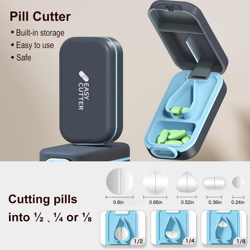 Pill Cutter | Best Cutter for Small or Large Pills |with Safety Lock Buckle Design in The USA| Cuts Vitamins | Pill Splitter Detachable Silicone pad Easy to wash with Crystal Pill Box (Grey) Azure