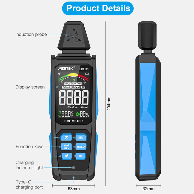 AceFox EMF Detector for Detecting EF RF MF, Digital LCD Display, Measures uT mG/V/m pW/cm², 3-in-1 Rechargeable EMF Meter for Home Office EMF Inspections, and Ghost Hunting