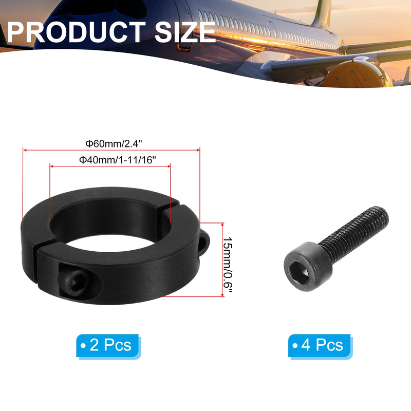 PATIKIL Bore 40mm Double Split Shaft Collar 60mm OD 15mm Thickness, 2 Pack 45#Carbon Steel Locking Collar Clamp Style with Set Screw for Machine Tools Industry, Black 40mm/1-11/16inch