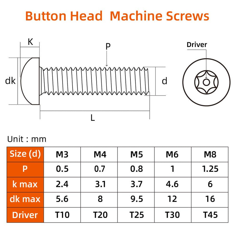 M6 x 12mm Button Head Torx Drive Machine Screws, Security Screws Anti Theft Tamper Proof, 304 Stainless Steel 18-8, Black Finish, 25 PCS M6 x 12mm