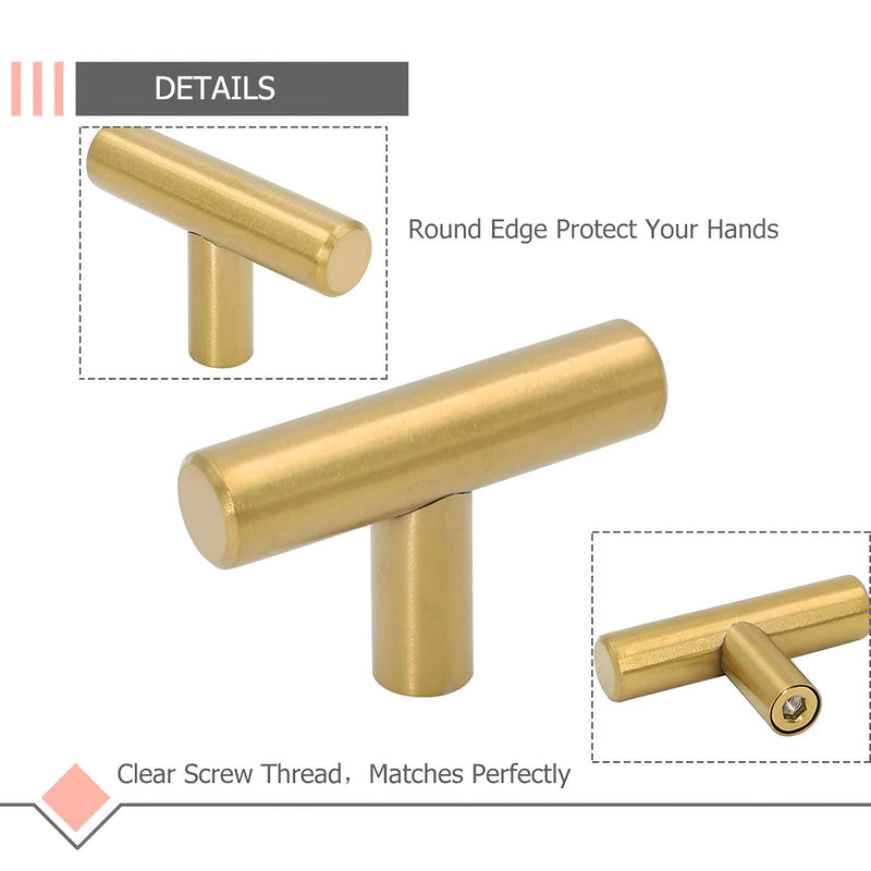 LONTAN 12 Pack Gold Drawer Knobs for Dresser Kitchen Cabinet Knobs Gold Hardware for Cabinets Brushed Brass T Bar Knobs for Dresser Bathroom，Stainless Steel T Bar Knob