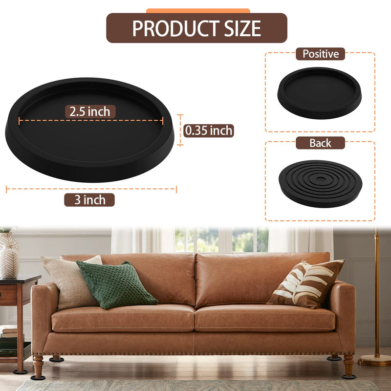 Furniture Coasters Non-Slip Bed Leg Pads Round Rubber Anti Sliding Caster Cups for Hardwood Floors Black 8PCS 2.5inch 2.5in Black 8Pcs