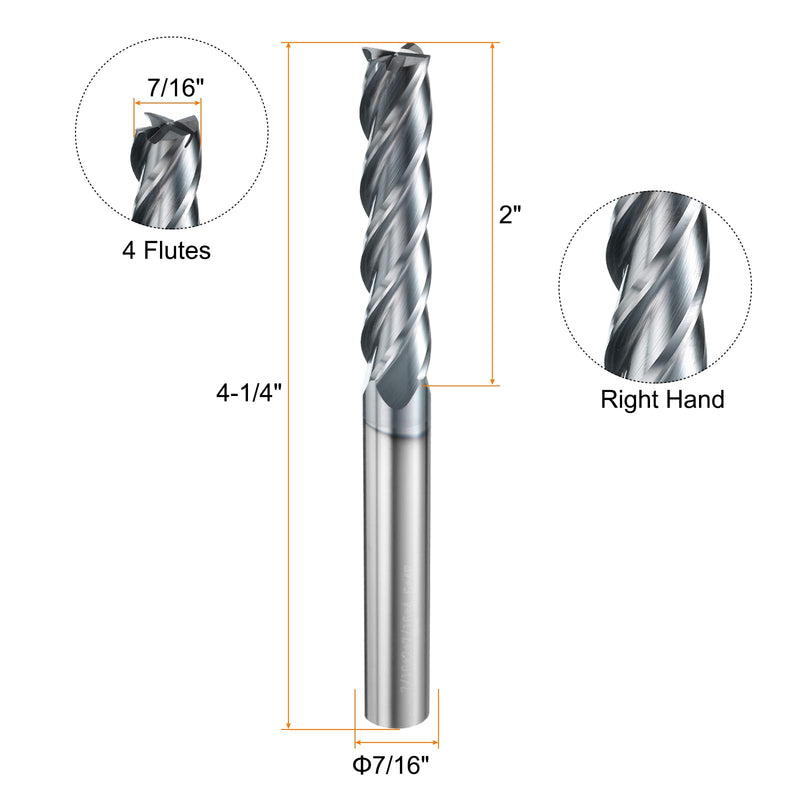 HARFINGTON Carbide Square Nose End Mill Bit 7/16" Cut Dia 4 Flutes TiAlN Coated Milling Cutter for Hardened Steel Metal (7/16" Shank 2" Cut Length 4-1/4" Long 30 Degree Helix HRC53-55)