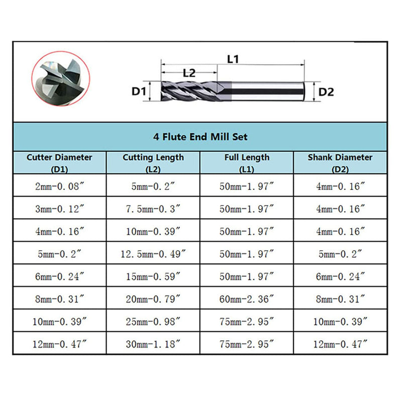 8pcs 2-12mm CNC Square Nose End Mills,Carbide Tungsten Steel 4 Fultes Milling Cutter, Router Bits Rotary Bits Tool Straight Shank 2-12mm