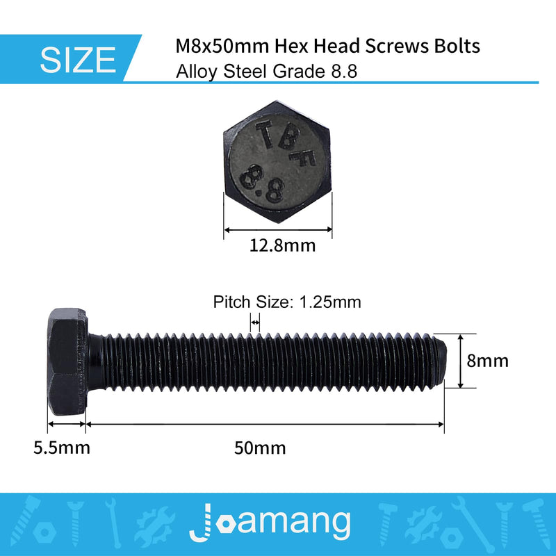 M8 x 50mm 10Pcs Hex Bolts, Hexagon Head Screw, 8.8 Grade Alloy Steel, Black Oxide Finish, Metric Full Machine Thread M8 x 50 mm(10PCS)