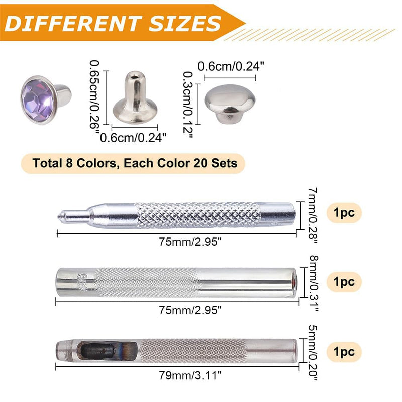 NBEADS 200 Sets Rhinestone Rivets, Brass Crystal Rivets Studs with Pieces Setting Tool Kit Colorful Rivets for Leather Craft DIY Making