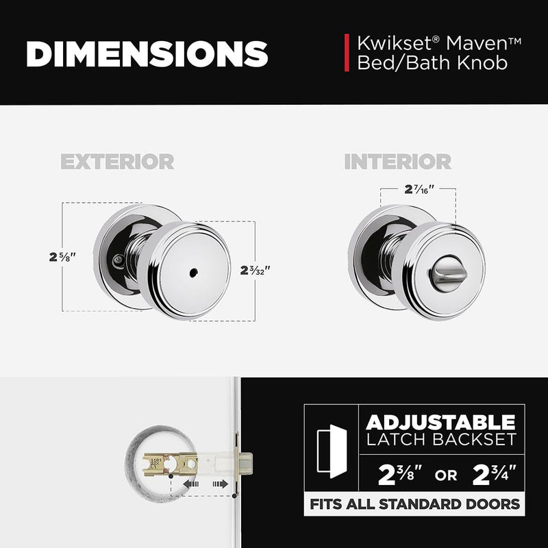 Kwikset Maven Interior Privacy Door Knob with Lock, Round Door Handle for Bathroom and Bedroom, Polished Chrome Keyless Turn Lock Doorknob, with Microban Protection