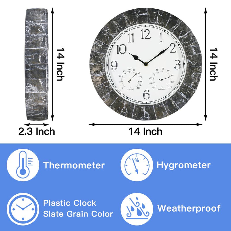 BESTIME CC-941 14-Inch Plastic Clock Slate Grain Color.Thermometer,Hygrometer.Indoor,Outdoor,Weatherproof,Weather Resistant,Ideal,Garden,Farmhouse.