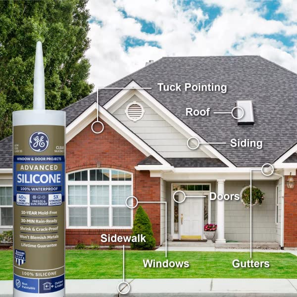 GE Advanced Silicone Caulk for Window & Door - 100% Waterproof Silicone Sealant, 5X Stronger Adhesion, Shrink & Crack Proof - 10 oz Cartridge, Clear, Pack of 1