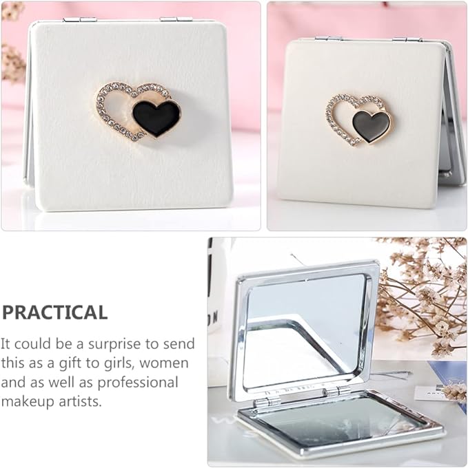 BESTOYARD Hand Mirror, Two-sided Cosmetic Mirror, Metal, PU, Nordic Style, Actress Mirror, Foldable, Square, Compact, Heart, Rhinestone, Gift for Girlfriend, Small, Easy to Carry, For Makeup - NewNest Australia