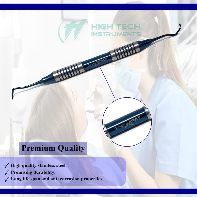 Dental Curette 204S with Hollow Handle, Blue Titanium Coated Professional Teeth Cleaning Calculus Remover Periodontal Scalers - Stainless Steel for Oral Care Double Ended Tips & Knurled Grip Scaler - 204S