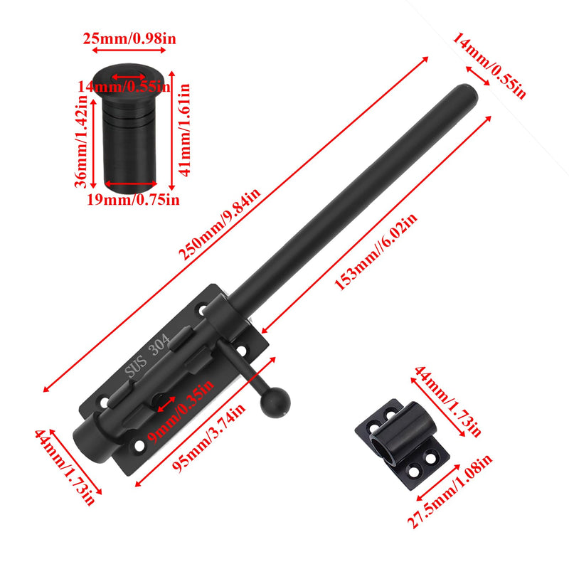 Slide Bolt Gate Latch Thickened Heavy Duty Door Latch Lock 304 Stainless Steel Barrel Bolt Lock Black Solid Gate Lock Door Latches Hardware with Screws and Dust Canister 10in 2pc
