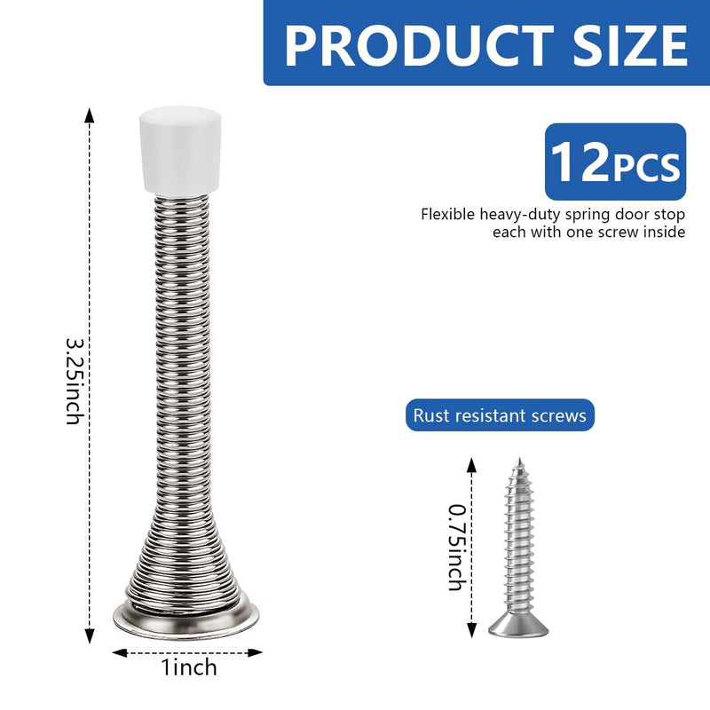 12 Pack Spring Door Stops 3 1/4" Flexible Heavy Duty Spring Door Stopper with RustProof Screw Rubber Bumper Tips (Satin Nickel) Satin Nickel 12 Pack