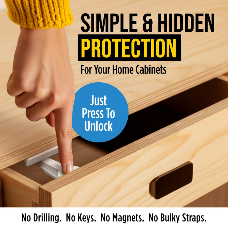 Cabinet Locks for Babies - Child Safety Latches 10 Pack - Invisible Adhesive Baby Proofing Drawer Locks - Works with Most Cabinets and Drawers - No Drilling Installation - (White) White