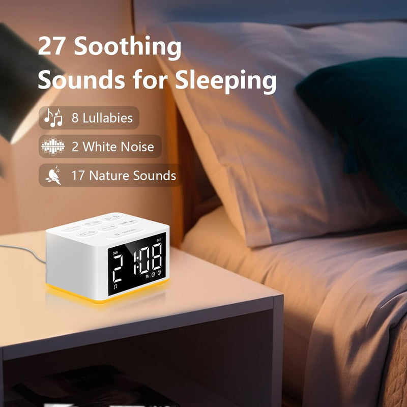 【3 in 1】 Sound Machine Dual Alarm Clock Night Light White Noise Machine 27 Sleeping Sounds for Adults Kids Precise 32 Level Volume Sleep Timer Memory Function Digital Clock with 30 Wake Up Sounds ZB-white