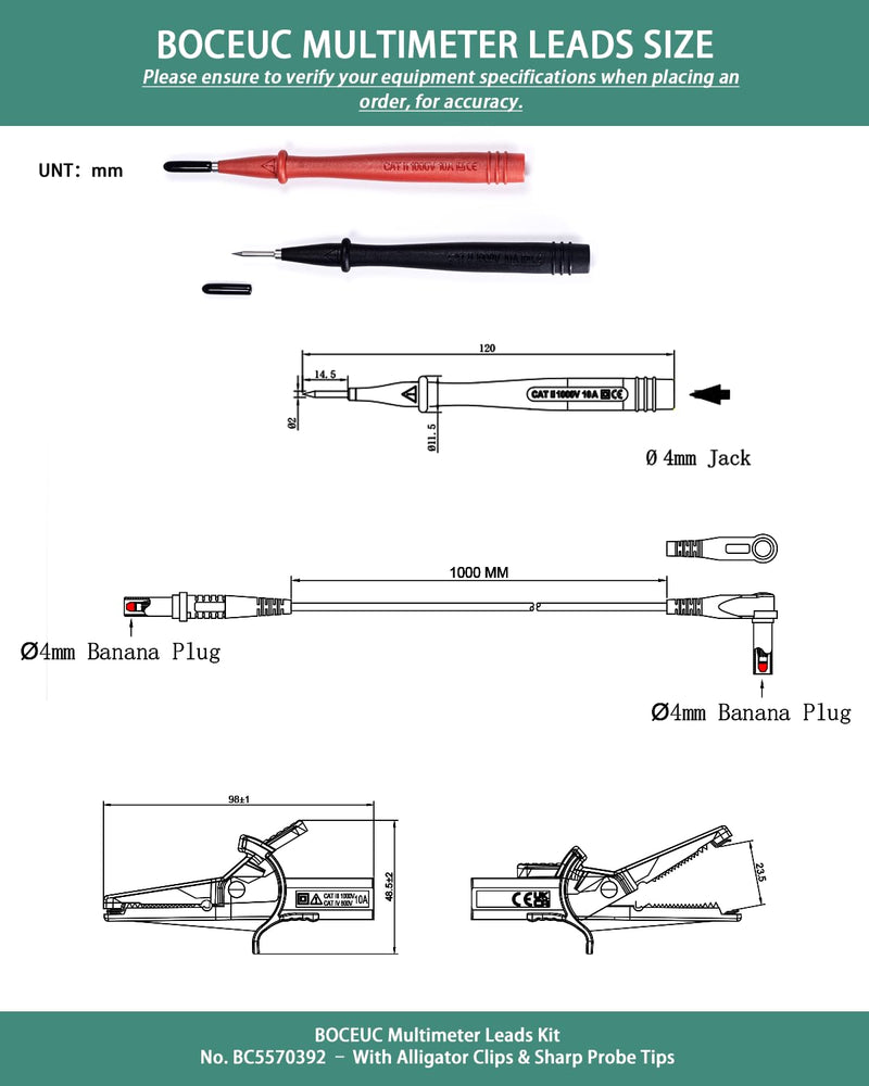 Multimeter Leads Kit with Heavy Duty Alligator Clips and Ultra-Sharp Test Probe Tips, CATIII 1000V/CATIV 600V, 10A Rated, for Electronics, Automotive, and Industrial Use