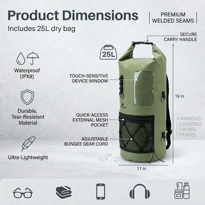Waterproof Dry Bag 500D PVC Roll Top Dry Sack with 3 Carrying Ways, Lightweight Waterproof Bag for Kayaking, Swimming, Boating, Paddle Boarding, Hiking, Beach (Army Green, 25L) Army Green