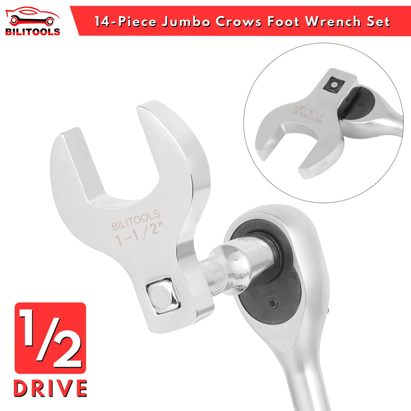 BILITOOLS 14-Piece Jumbo Crows Foot Wrench Set, 1/2" Drive Big Crowfoot Wrench, SAE, 1-1/16" - 2" mm, CR-V Steel Sae, 1-1/16" - 2"