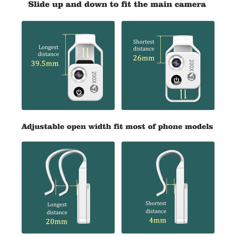 200X Phone Mini Pocket Microscope,Cell Phone Pocket Microscope with CPL Lens Universal Phone with Universal Cell Phone Clip for Kids Students Microbiology Observation(White)