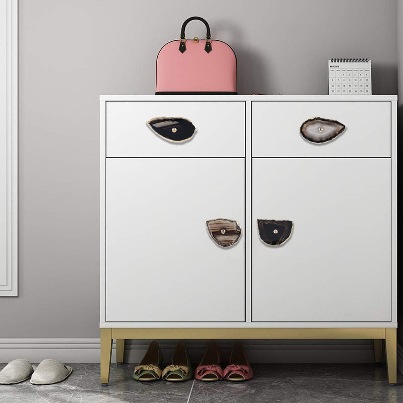 mookaitedecor 4 Pcs Black Agate Slice Cabinet Knobs Drawer Pulls Handles | Gold Plated Agate Knobs, Decorative Knobs for Dresser, Kitchen Wardrobe Cupboard
