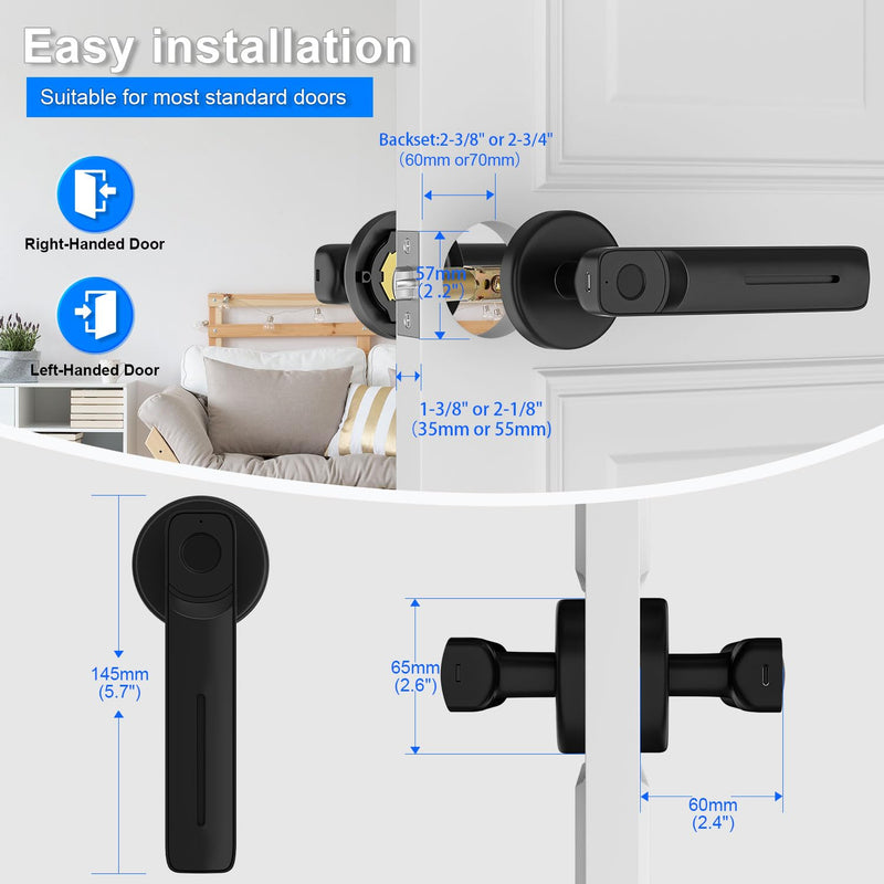 Fingerprint Door Lock with Smart APP,Fingerprint Door Knob,Biometric Door Knob Keyless Entry Door Lock with Tuya for Home/Bedroom/Office/Apartment/Airbnb Black TY140