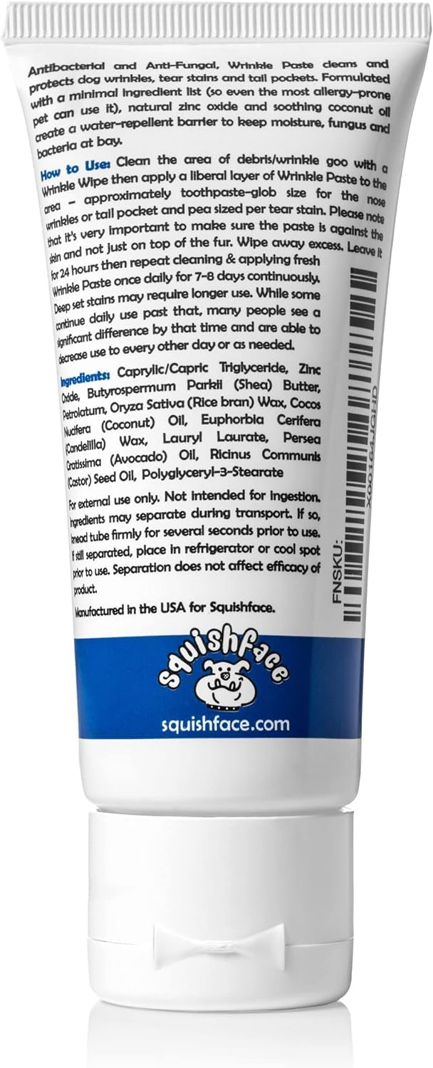 Squishface Wrinkle Paste - 2 Pack - Bulldog, French Bulldog, Pug, English Bulldog – Cleans Wrinkles, Tear Stain, Tail Pockets, and Paws – Anti-Itch Tear Stain Remover & Bulldog Wrinkle Cream, 2 Oz. Wrinkle Paste 2-Pack