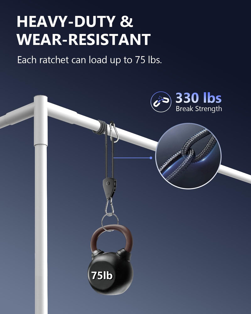 VIPARSPECTRA Retractable Heavy Duty Ratchet Tie Down Straps [4 Pack, 8ft, 75lbs/Pack], Rope Pulley System with Carabiner Hook for Hanging Plants/Grow Light/Tents Various Tie-Down Uses 1/8" 4-Pack