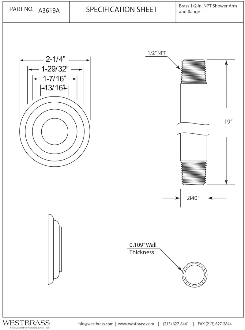Westbrass A3619A-07 1/2" IPS x 19" Round Ceiling Mount Shower Arm with Flange, Satin Nickel