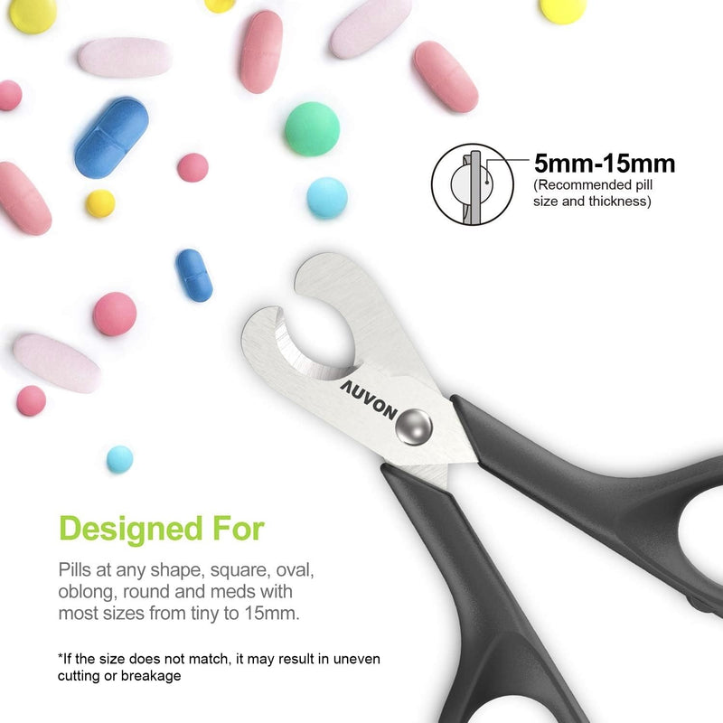 AUVON Scissors-Shaped Pill Cutter, Sharp Blade Pill Splitter for Easily Dividing Most 5-15mm Vitamins, Tablets and Medications in Half Black