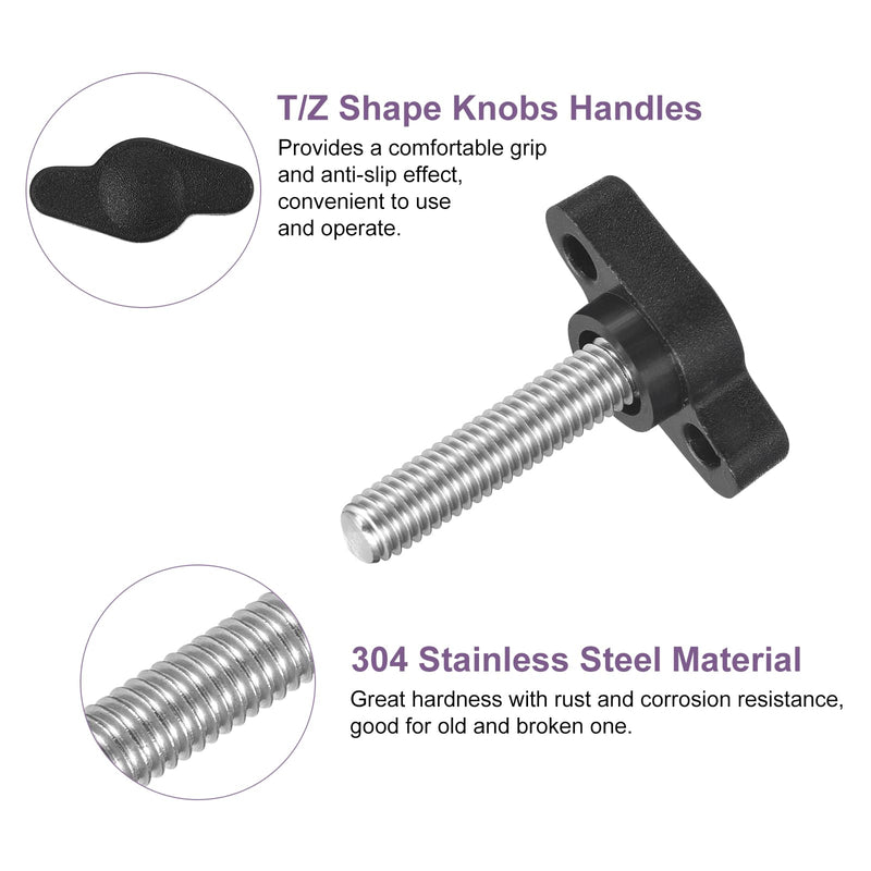 uxcell 4Pcs Tee Wing Knobs Thumb Screws, M6 x 25mm Clamping Screw Knob Male Thread 304 Stainless Steel T Shaped Thumb Screws Handle 27mm Dia. for Hand Tightening Knob Replacement, Black