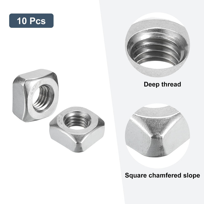 uxcell M10-1.5x8 Square Nuts, 304 Stainless Steel Coarse Thread Square Nuts Fasteners for Home Repairs and Professional Engineering, Silver, 10pcs M10-1.5x8mm 10