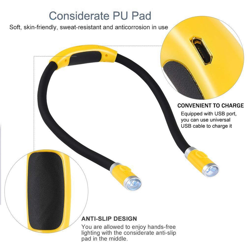 Rechargeable 4 LED Book Light Bright Neck Hug Light, Reading Lights for Reading in Bed, 3 Brightness Levels, Flexible Soft Rubber Arms, Perfect for Bookworms,Knitting,Comping,Crafts Yellow
