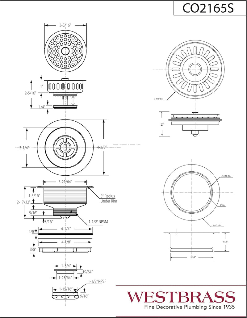 Westbrass CO2165S-50 COMBO PACK 3-1/2" Post Style Large Kitchen Sink Basket Strainer and Waste Disposal Drain Flange with Basket Strainer, Powder Coat White