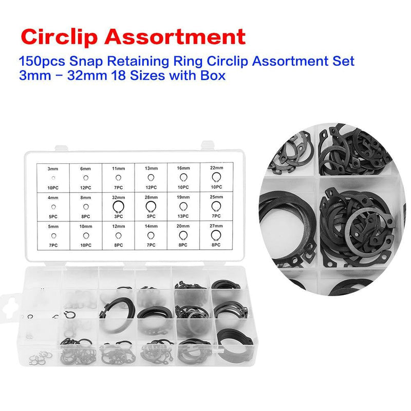 150pcs Black C Clips Snap Ring Shop Assortment Internal External Lock Snap Retaining Ring Metal Circlip for Industrial Fasteners 18 Sizes with Box Size 3mm - 32mm